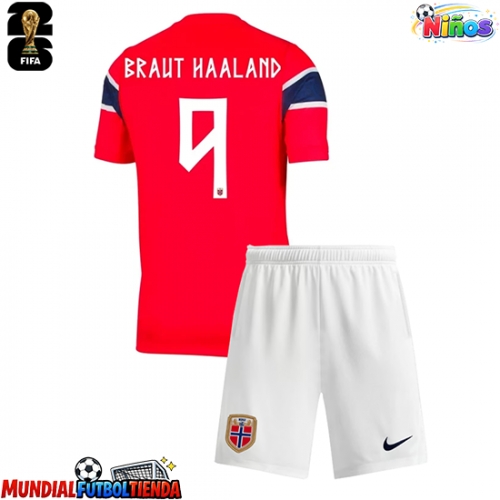 Camiseta Noruega Erling Haaland #9 Primera Equipación Replica Mundial 2026 para niños mangas cortas (+ Pantalones cortos)